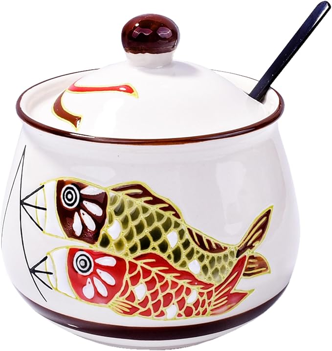 Ceramic Sugar Bowls with Spoon and Lid Porcelain Salt Container with Black Stainless Steel Spoon