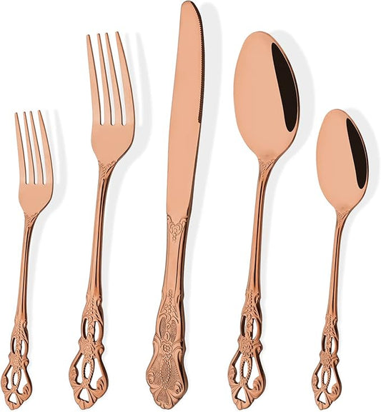 Rose Gold Flatware Set For 4, 20Pcs 18/0 Stainless Steel Silverware Set, Cutlery Utensils Set Include Knives/Forks/Spoons, Antique Baroque Style & Luxury Mirror Polished