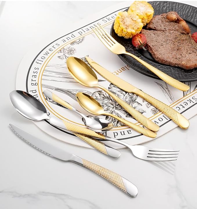 diamond hammered silverware set, 30-piece cutlery set for 6 people, Checkered Handle Stainless Steel Flatware serving set - Cutlery Set For Home Kitchen