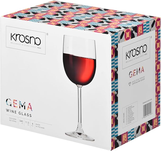 Krosno White & Red Wine Glasses GEMA | Set of 6 | 11.5 oz | For Home, Restaurant and Parties | Dishwasher Safe | Lead-Free Crystal Glass