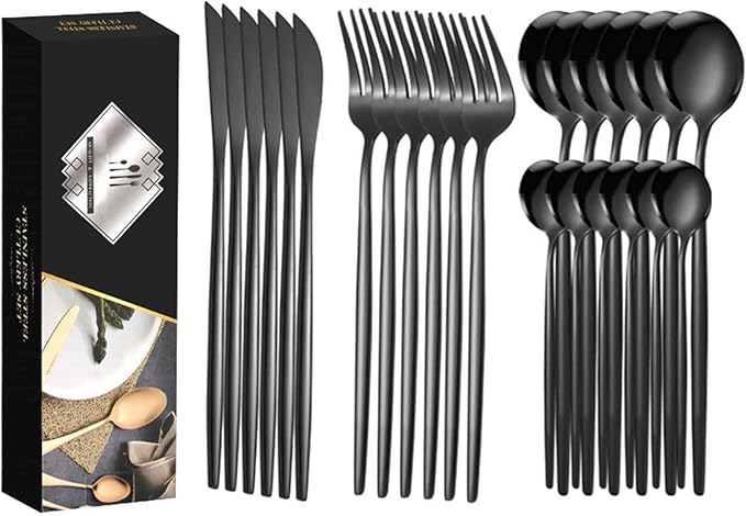 24 PCS Luxury Flatware Set Satin Finished, Matte Flatware Set Serving for 6 for Formal Events, Parties, Tablewar, Home and Restaurant, Dishwasher Safe(Gold,B)
