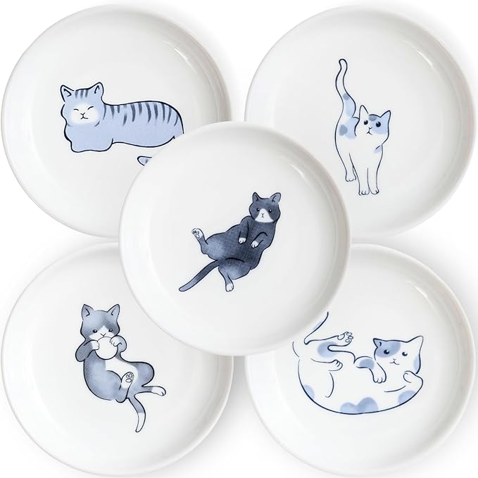Cute Cats plates,Japense dish Mino ware,Blue glaze,Sushi Soy source dish Set of 5
