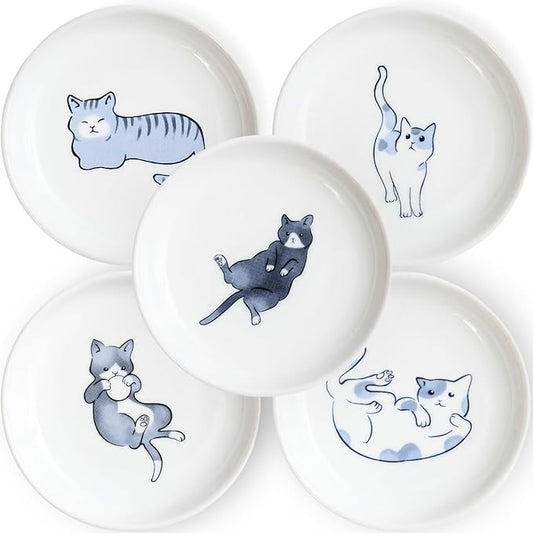 Cute Cats plates,Japense dish Mino ware,Blue glaze,Sushi Soy source dish Set of 5