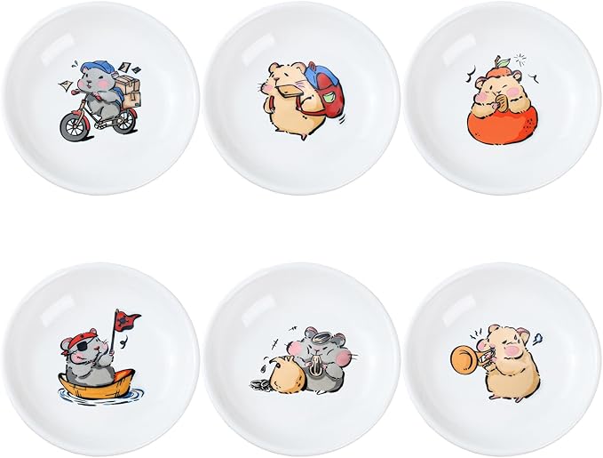 SOCOSY Super Cute Cartoon Animals Ceramic Sauce Dishes, Seasoning Dishes, Little Cat Dog Bird Feeding Bowls, Sushi Soy Dipping Bowls, Appetizer Plates, Dessert Plates-Busy Hamster-3.5 Inch