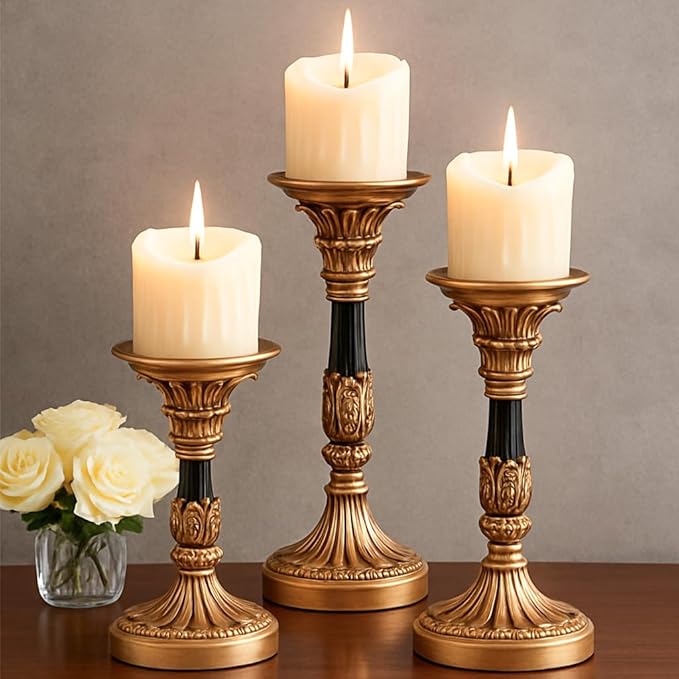 Resin Candle Holder Set of 3 - Christmas Home Pillar Candle Holder, Candles Rustic Wooden Farmhouse, Coffee Table Centerpiece, Suitable for Fireplace, Living Room, or Dining Table