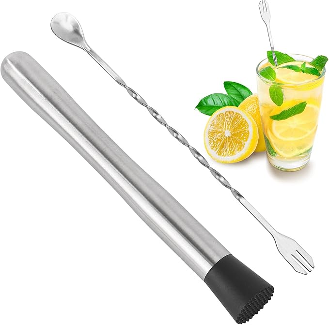 Muddlers for Cocktail Mixing Spoon Set of 10, 9.8 Inch Muddlers 304 Stainless Steel Fruit Crusher Mixing Spoon Ice Crusher for Bar Party and Home