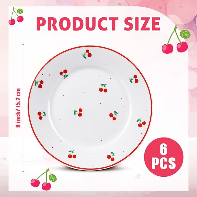 Honeydak 6 Pcs Valentine's Day Decorations Cherry Plates Ceramic 6 Inch Salad Appetizer Dessert Dish Cutlery for Fruits Galentines Cherry Birthday Supplies Wedding Table Party Decorations Favors