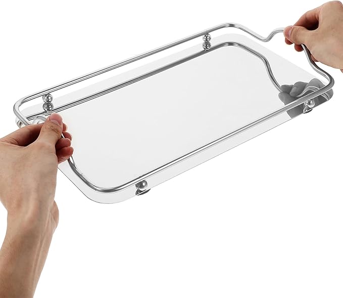 CHILDWEET Stainless Steel Serving Tray with Handles, Small Rectangular Food Tray for Beverage Service, Mirror Finish Silver Platter for Entertaining and Bed Use