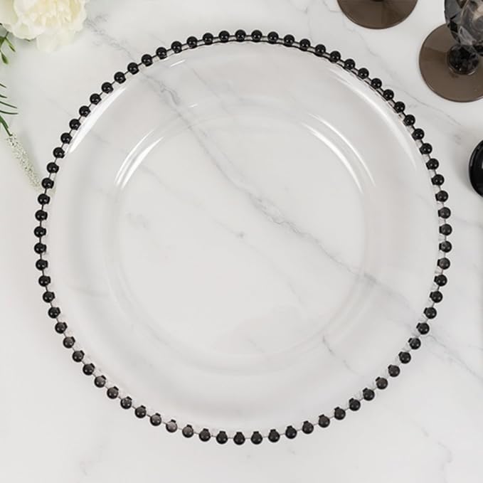 13" Charger Plates - Set of 12 - Clear/Black Round Acrylic Disposable Chargers with Beaded Rim, Ideal for Dinner Party Wedding Bulk Events