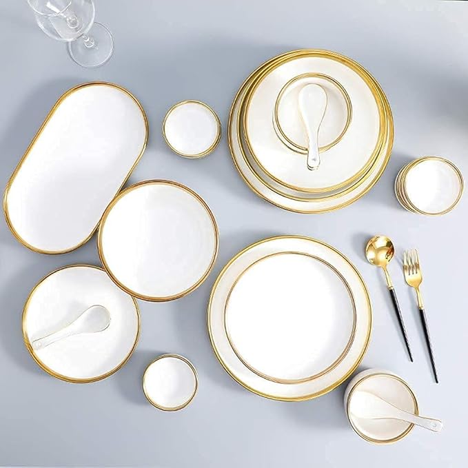 Dining Plate Set Dinnerware Sets Service for 2/4/6 Kitchen Plates and Bowls Sets White Luxury Bone China Tableware,A