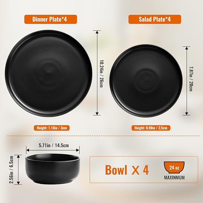 EWFEN Plates and Bowls Sets, Dinnerware Sets for 4, 12 Pieces Scratch Resistant Dishware Dishes Set, Ceramic Kitchen Dinner Set, Porcelain & Microwave and Dishwasher Safe, Black