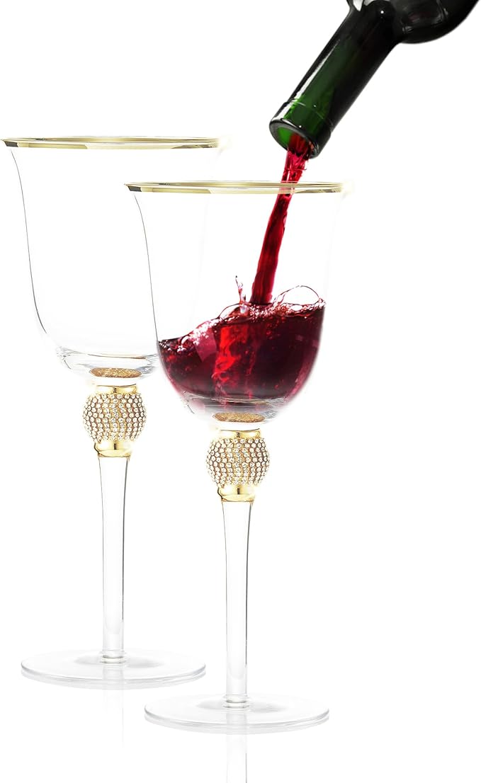 Premium Wine Glasses Set of 2 - Crystal Long Stem Wine Glass with Gold Rim & Rhinestone Design - 18 oz