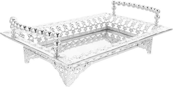 GLEAVI Nordic Style Metal Fruit Serving Tray with Handle Mirrored Silver Snack Storage Dish for Parties KTV and Home Decor Decorative Candy Nut and Dried Fruit Platter