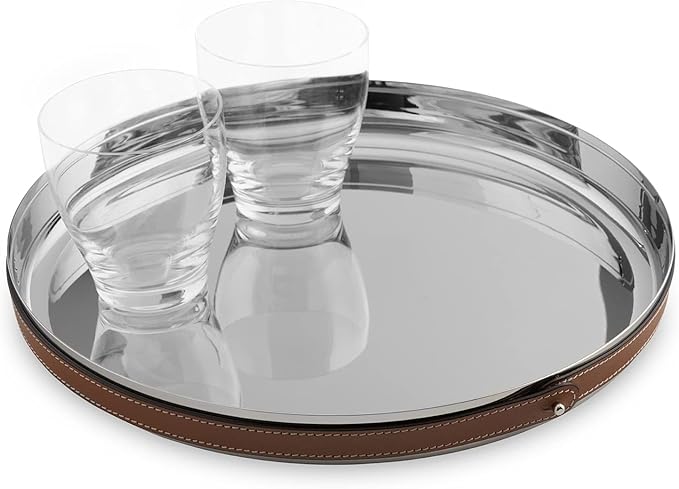 Nambe Tahoe Bar Tray | Stainless Steel Organizing Tray with Raised Edges and Leather Accent | Decorative Round Metal Serving Tray | 13in Removable Leather Accent