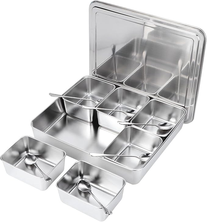 Condiment Containers with Lids, 6 Grids Salt and Sugar Container Sets, Spice Containers with Spoon, Divided Food Storage Containers Condiment Caddy Condiment Dispenser