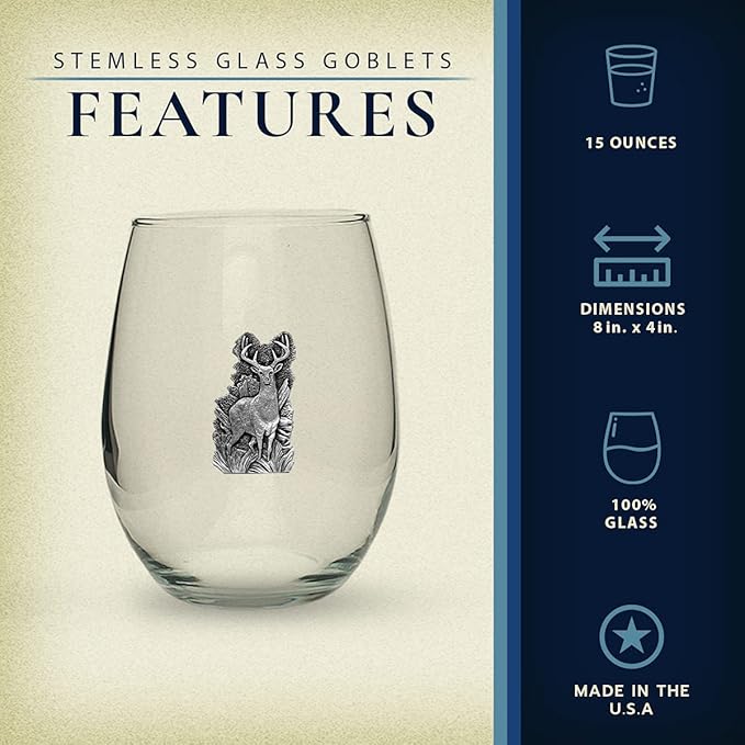 Heritage Pewter Whitetail Deer Stemless Glass Goblets – Set of 2 | 15 OZ Goblet Wine Glasses | Expertly Crafted Pewter Glass