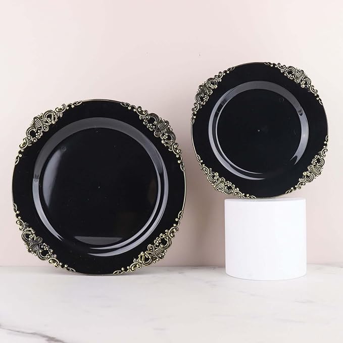10" Dinner Plates -Set of 30 - Plastic Black Round Baroque Disposable Chargers Leaf Embossed Rim, Ideal for Dinner Party Wedding Bulk Events