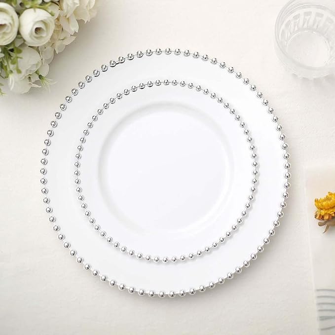 Efavormart 10 Pack | 8" White/Silver Beaded Rim Plastic Dinner Plates, Disposable Round Party Plates