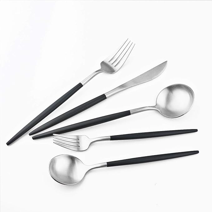 Gugrida Luxury Flatware, Royal 5 Piece Matte Black Handle 18/10 Stainless Steel Tableware Sets for 1 Including Forks Spoons Knives, Camping Silverware Travel Utensils Set Cutlery (Black Silver)