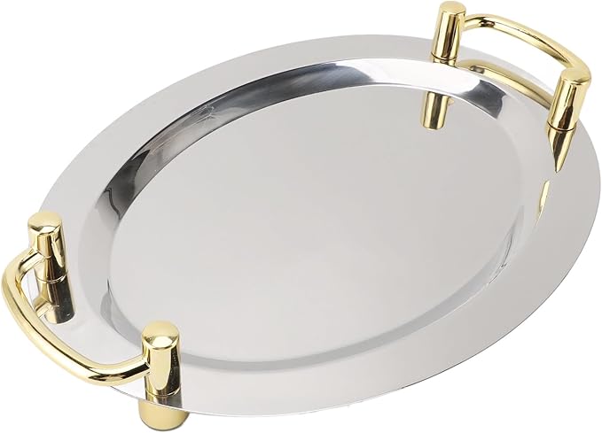 Silver Tray with Stainless Steel Platter with Handle – Multifunction Portable Serving Tray for Restaurant & Hotel Buffet, Rectangle Shape, 47.5cm (Rectangle Shape with Gold Handle, 39cm)
