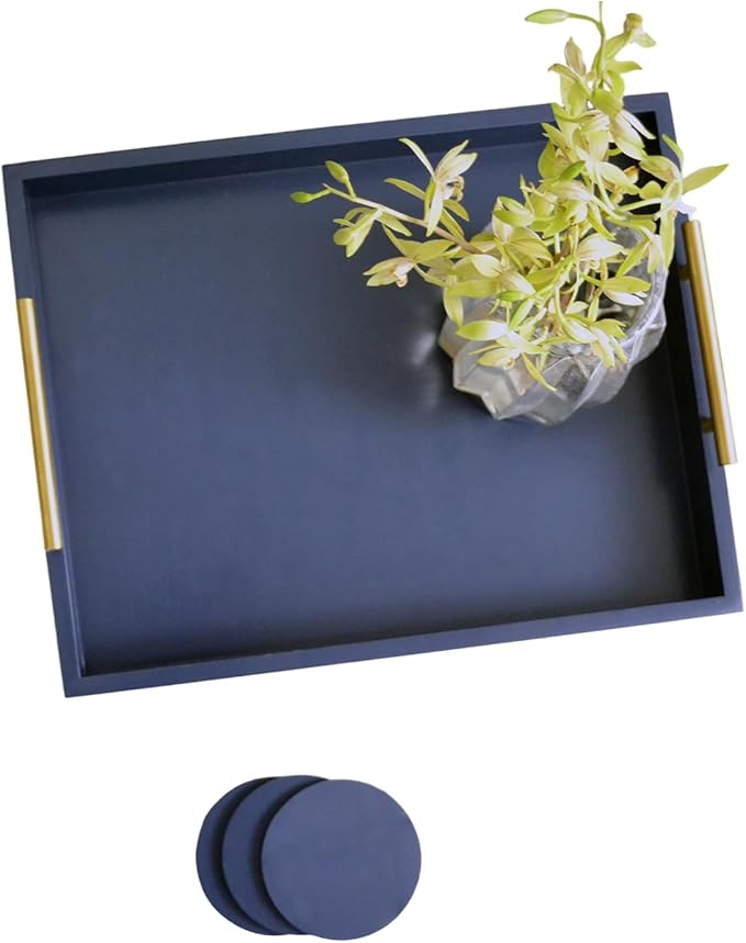 Decorative Tray with Polished Gold Metal Handles, Living Room Bathroom Coffee Bar Organizer Modern Tray for Decorative Accent Tray for Storage and Display (Sea Blue)