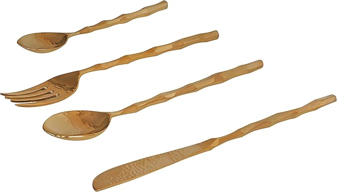 DeKulture Handmade Pure Brass 4-Piece Cutlery Set: Gold Flatware for Dining & Serving