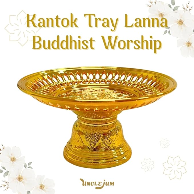 Decorative Pedestal Tray 5 Inch – Traditional Thai Offering Tray with Flora Design for Home, Temple, or Spa Display (Gold,12cm)