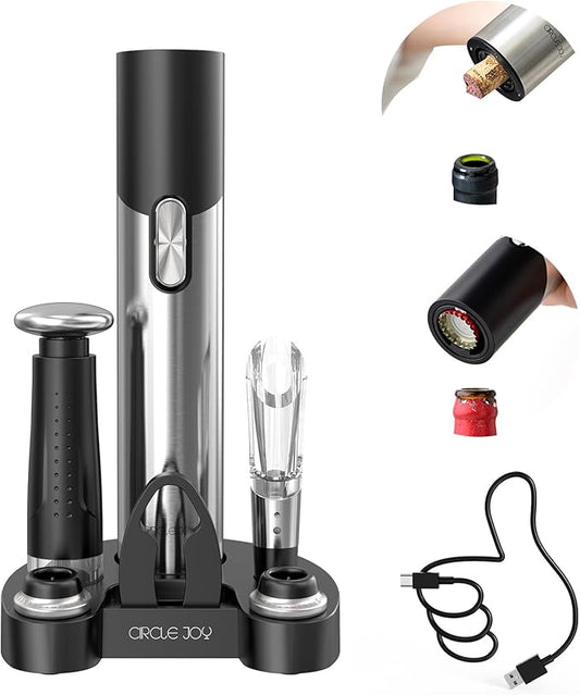 CIRCLE JOY Electric Wine Opener Set Automatic Wine Opener Kit for Wine and Beer Cordless Electric Wine Bottle Openers Gift Set with Foil Cutter, Aerator Pourer, Vacuum Pump and 2 Wine Stoppers