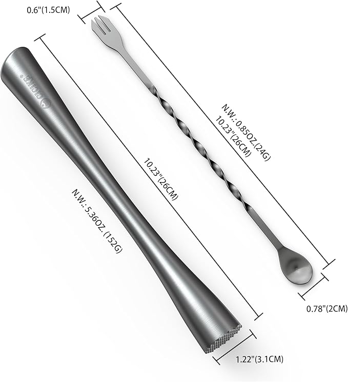 10 Inches Stainless Steel Muddler and Mixing Spoon for Cocktails, Bar Tools and Accessories - Create Delicious Mojitos and Other Fruit Based Drinks