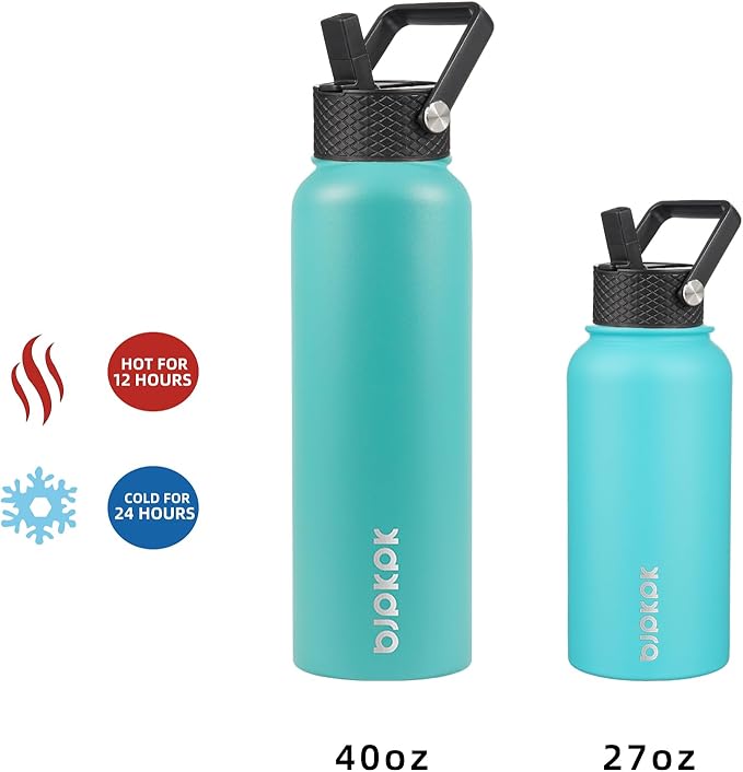 BJPKPK Insulated Water Bottles with Straw Lid, 40oz Stainless Steel Water Bottles with 3 Lids, BPA Free Leakproof Thermo, Tumblers, Cups for Sports, Gym- Turquoise