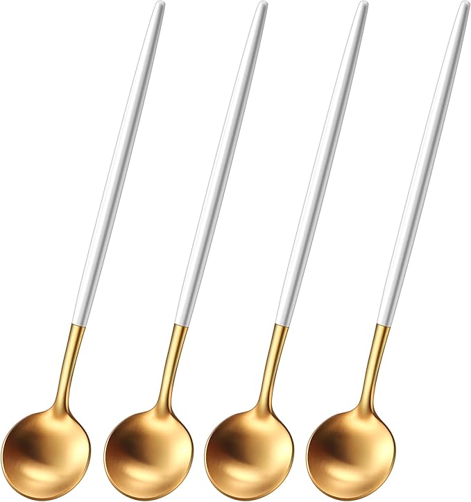 6.7 Inches Satin Gold Stainless Steel 18/10 Coffee Spoons Set With White Handle,Set Of 4 Teaspoons,Brushed Gold Small Tea Spoons For Dessert,MIni Coffee Stirring Spoon