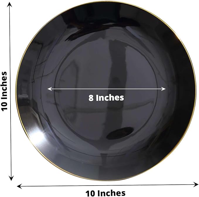 Efavormart 10 Pack | 10" Glossy Black Round Plastic Dinner Plates With Gold Rim, Disposable Party Plates