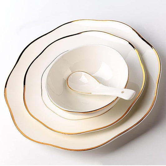 Dinner Sets, Bone China Dinnerware Series, 16-Piece White Porcelain Dinnerware Set, Gold Border Dish Set with Dessert Plates/Soup Plates/Dinner Plates and Bowls Sets, Tableware Ser