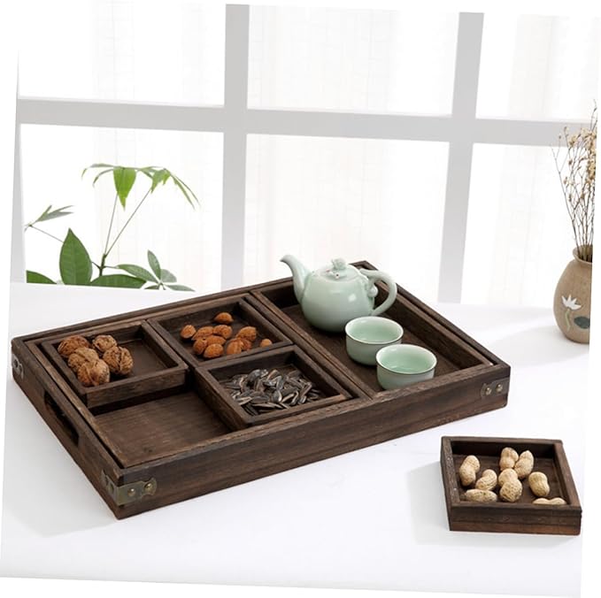 Cabilock 1Pc Retro Solid Wood Tea Tray Sturdy Rectangular Household Serving Tray for Fruits and Desserts Natural Design for Parties and Home Decor Black Brown Finish