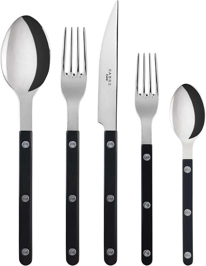 SABRE PARIS - 5-Piece Flatware Set - Bistrot Collection - Knife, Fork, Soup Spoon, Teaspoon & Dessert Fork - Stainless Steel & Nylon - Dishwasher Safe - Black - Brilliant Finish