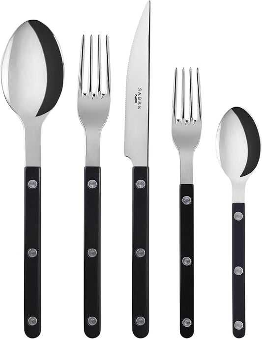 SABRE PARIS - 5-Piece Flatware Set - Bistrot Collection - Knife, Fork, Soup Spoon, Teaspoon & Dessert Fork - Stainless Steel & Nylon - Dishwasher Safe - Black - Brilliant Finish