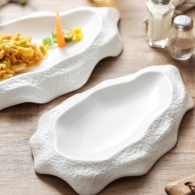 Kitchen Plates 12-inch White Ceramic Kitchen Appetizer Plate Creative Special-shaped Oyster Shape Tableware Home Pasta Commercial Dessert Restaurant Plates(14 in)