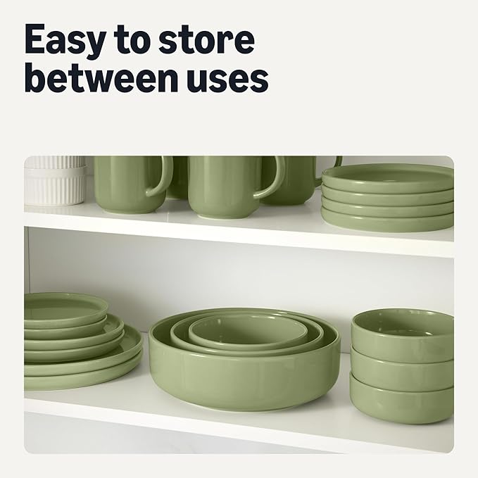 Amazon Basics Glazed Stoneware Bowls, 4-Piece Set, Microwave and Dishwasher-Safe, 20 oz. Capacity, 5.5 in., Olive