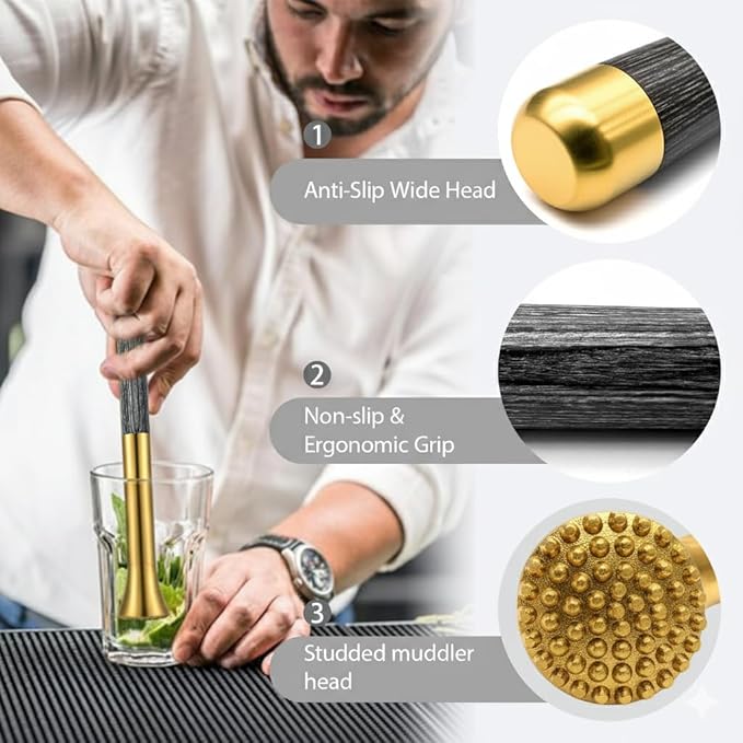 12.5" Gold Muddler for Cocktails Stainless Steel Drink Muddler Bartender Accessories Lemon Smasher for Home Bar Tool Ice Crusher for Mojitos