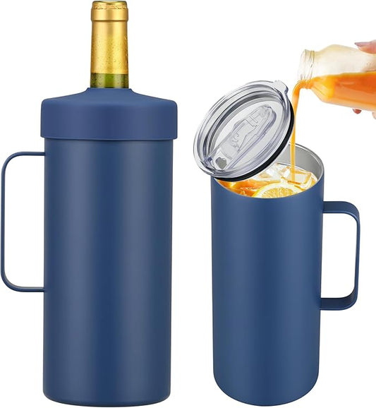 2 IN 1 Wine Chiller Single Bottle and Travel Tumbler, 42oz Stainless Steel Iceless Cooler Wine Bottle, Insulated Mug with Lid, Keep Wine Cold up to 6 Hours Fits Most Wine Bottles Gift for Wine Lovers