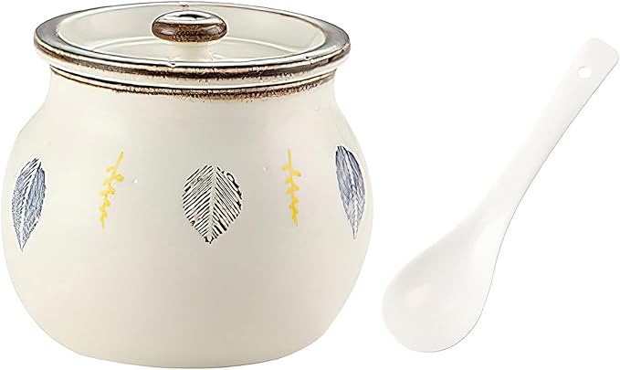 Ceramic Salt and Sugar Bowl, Porcelain Condiment Jars with Lid and Spoon, Seasoning Spice Pot Bowl, Salt Sugar Pepper Storage Jar, 600ml, Leaves