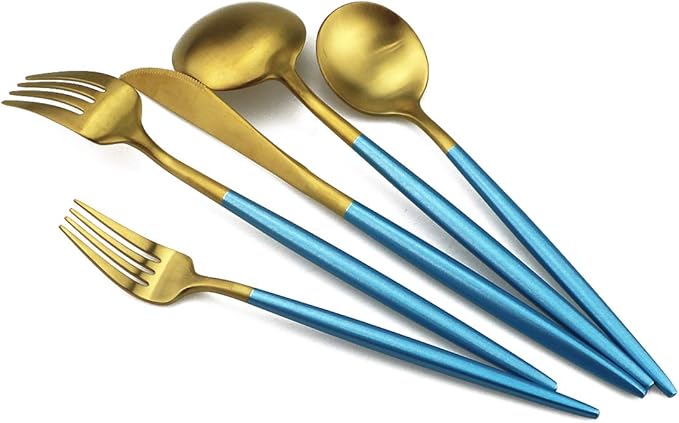 Gugrida Blue Gold Flatware, Royal 5 Piece Matte Blue Handle 18/10 Stainless Steel Tableware Sets for 1 Including Forks Spoons Knives, Camping Silverware Travel Utensils Set Cutlery (Blue Gold)