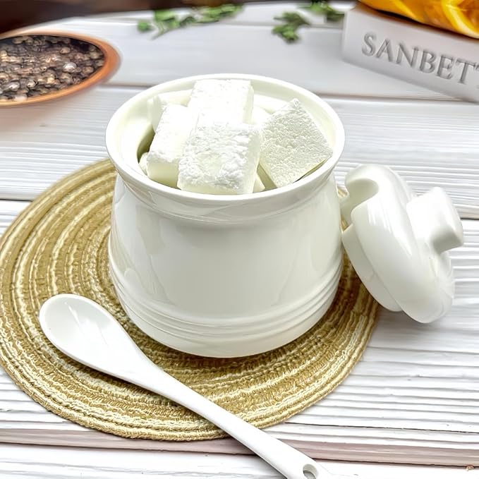 Ceramic Sugar Bowl with Lid and Spoon, 12 oz Porcelain Sugar Jar Sugar Dispenser，Sugar Salt Container for Home and Kitchen Countertop Canisters, White