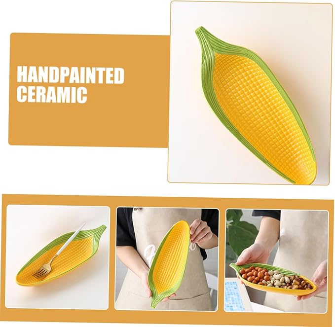 Cabilock Ceramic Corn Trays Handpainted Corn Cob Dinnerware for Bbq and Family Meals Unique Dipping Plate for Appetizers and Desserts Whimsical Serving Dish for Parties