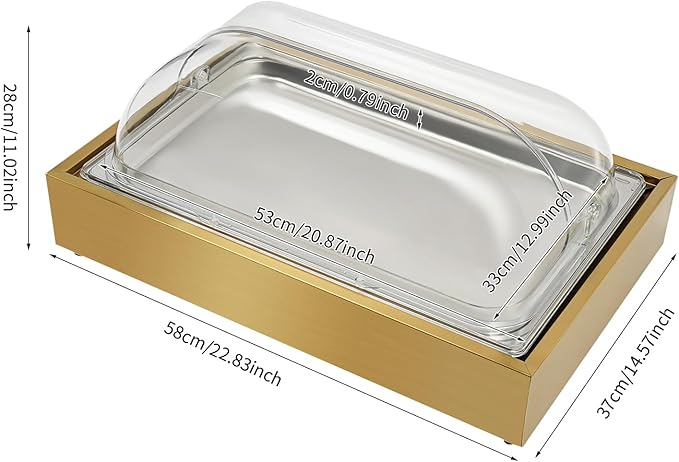 Ice Food Serving Display Tray, 6L/1.59Gal Stainless Steel Buffet Cold Serving Cooler Platter, Cooling Food Dishes Display Plate Case with Clear Cover for Salad, Fruit, Dessert