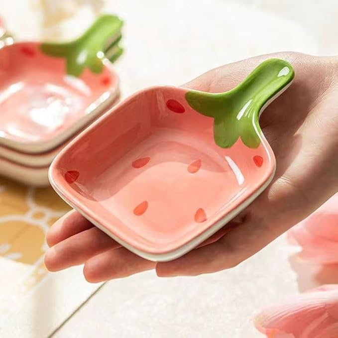 esowemsn 2PCS Pink Fruit Pattern Sauce Dish Ceramic Strawberry Pattern Appetizer Serving Plate with Handle Cute Sushi Dipping Bowl for Home Kitchen Restaurant Oil,Vinegar,Ketchup,Salt,Sushi Appetizer