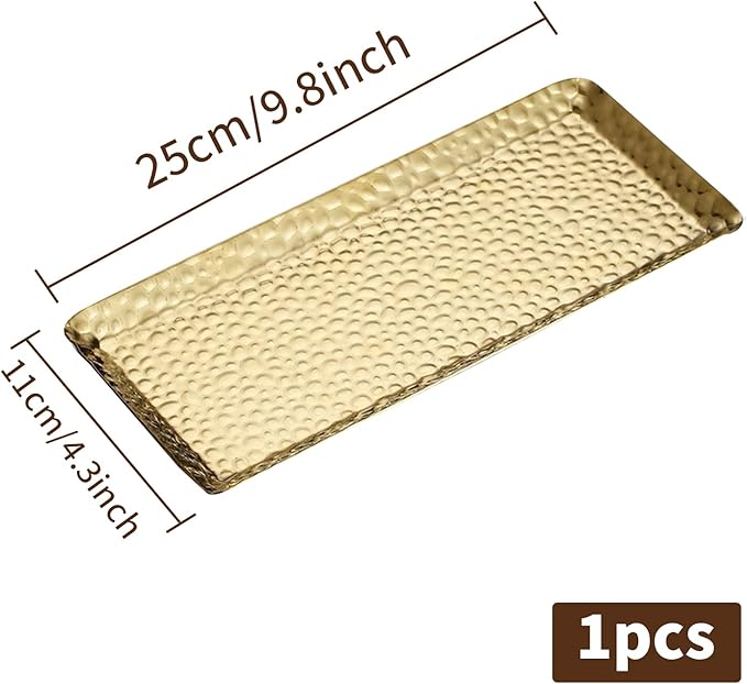 9.8×4.3Inch Gold Metal Decorative Tray, Reusable Stainless Steel Serving Trays, Rectangle Bar Trays for Liquor Display, Decorative Bar, Vanity, Coffee Serving Tray