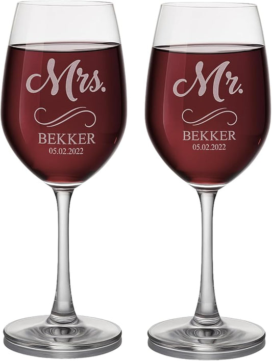 Gifts Inscribed Personalized Mr and Mrs Wine Glass Set of 2 – Custom Engraved Wedding Wine Glasses Gift for Couples, Engagement, Birthday, or Anniversary