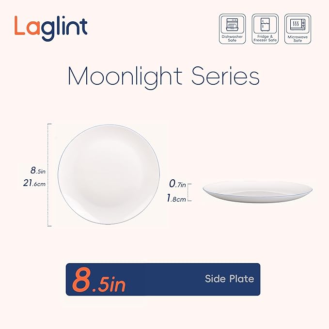 8.5 inch Salad Plate Set of 6, Lightweight Opal Glass Round White Plates for Appetizer Dessert Kitchen, Dishwasher and Microwave Safe, Hand Painted Navy Blue Rim