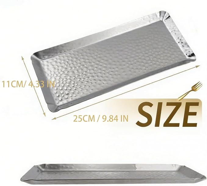 Hammered Rectangular Platter, Stainless Steel Serving Tray, Decorative Storage (1, Sliver)